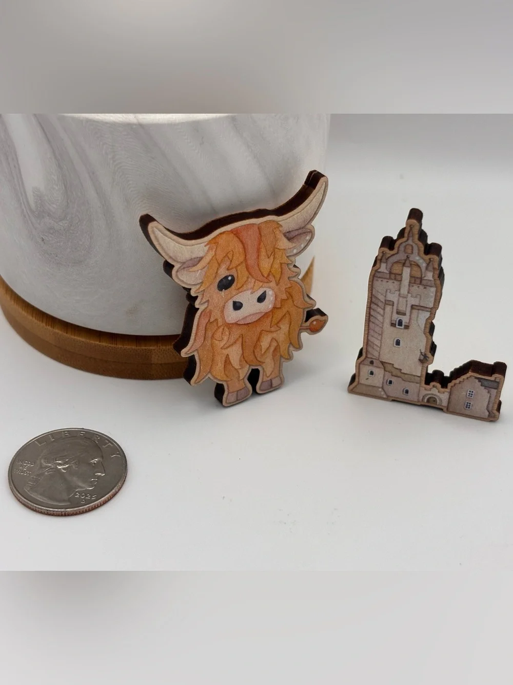 Set of 2 Laser-Cut Wooden Magnets - Scottish Highland Cow and a Castle